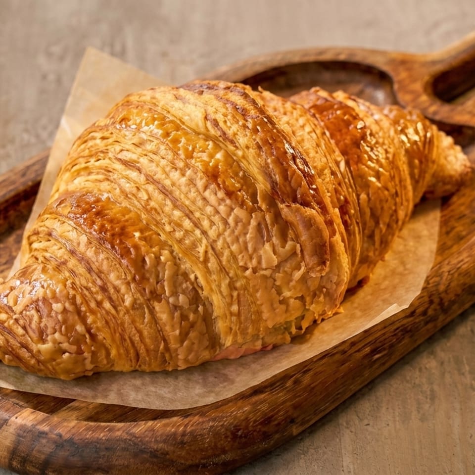 Golden-brown croissant on parchment paper, served on a rustic wooden tray.