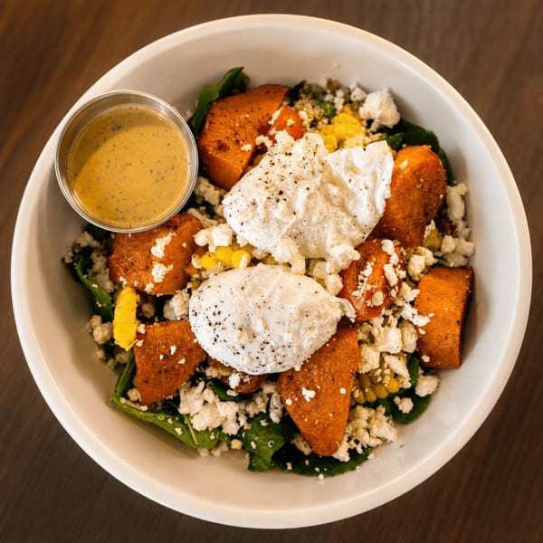 Overhead view of a salad with sweet potatoes, feta, poached eggs, and dressing.