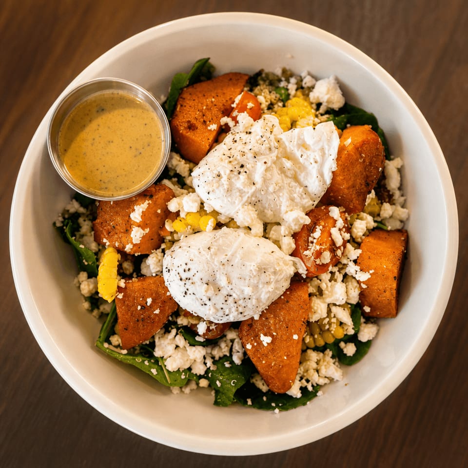 Overhead view of a salad with sweet potatoes, feta, poached eggs, and dressing.