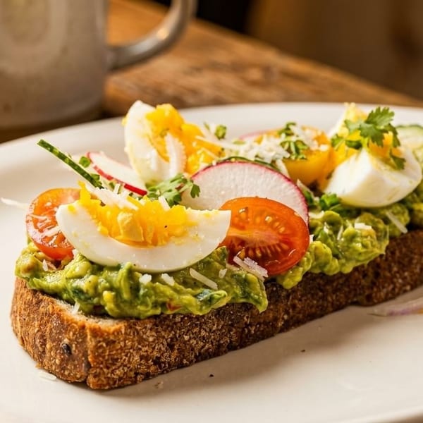 Avocado toast topped with sliced hard-boiled eggs, cherry tomatoes, radishes, and cilantro on a white plate.