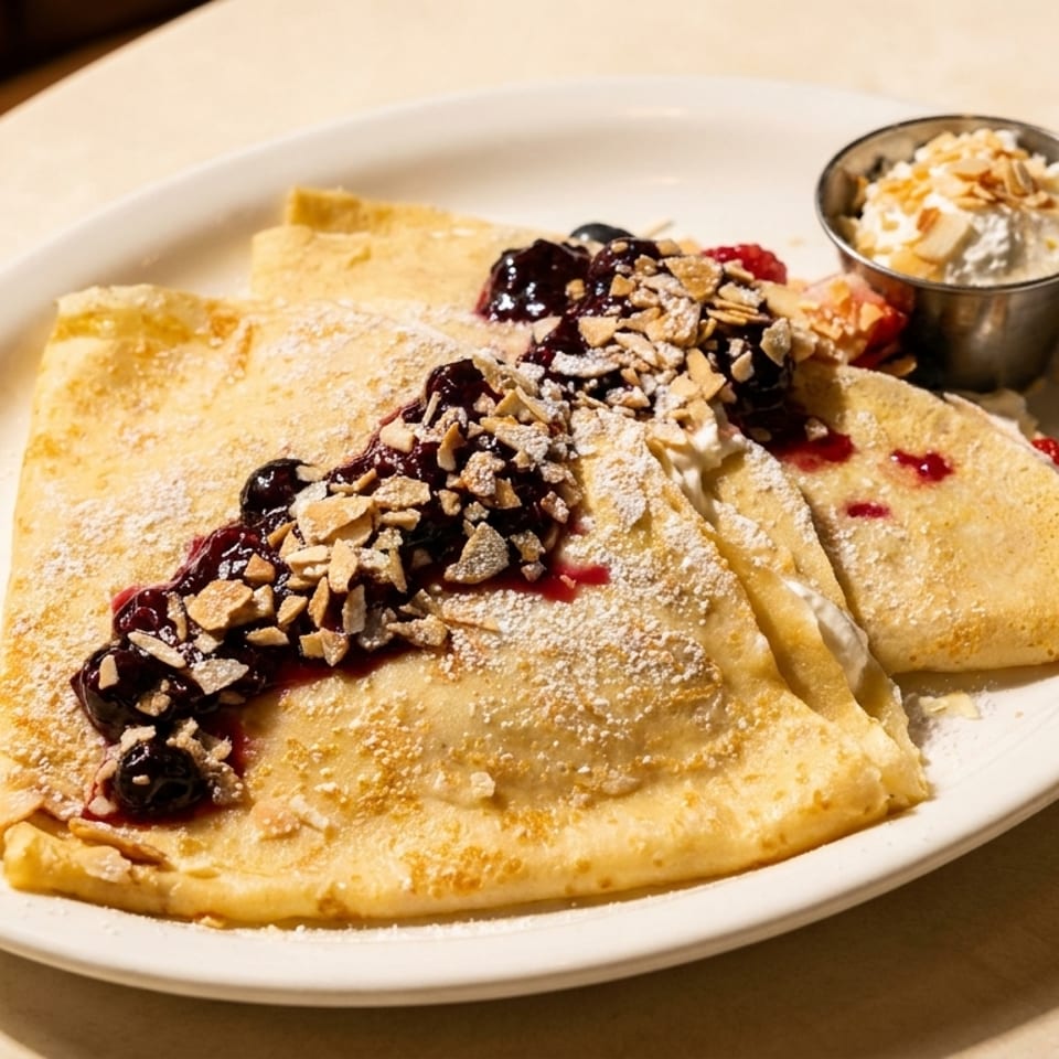 Three golden crepes topped with berry compote, sliced almonds, powdered sugar, and a side of whipped cream.